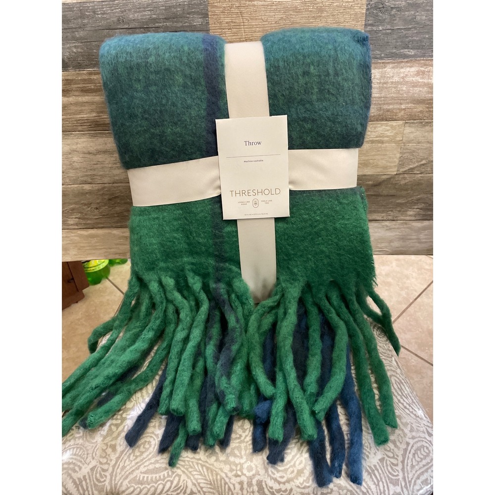 Threshold Plaid Throw Blanket Fringe Green Blue Cozy Soft Machine Washable Boho